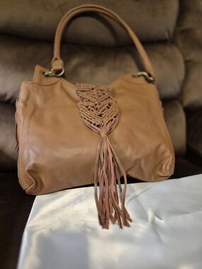 Tan Leather Macramé Tassel Tote Bag